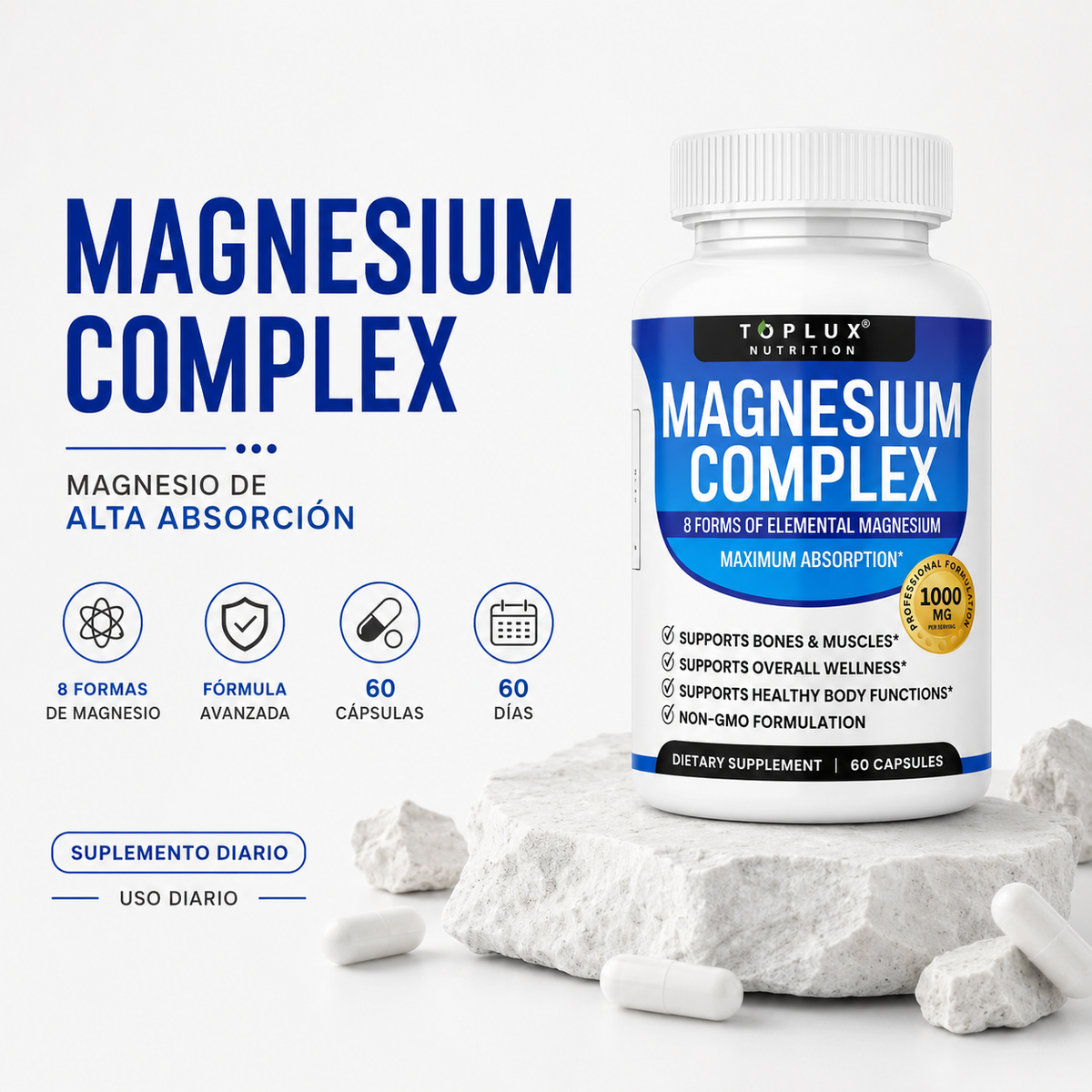 Magnesio Complex 8 en 1 – Magnesio de Espectro Completo 1000mg (60 Cápsulas)